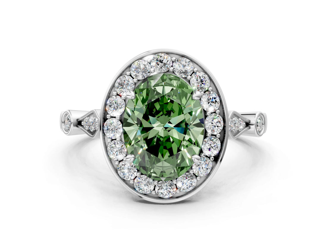 Silver Fancy Green Oval  Halo Diamond Engagement Ring with Twisted Band and Four-Prong Setting 1