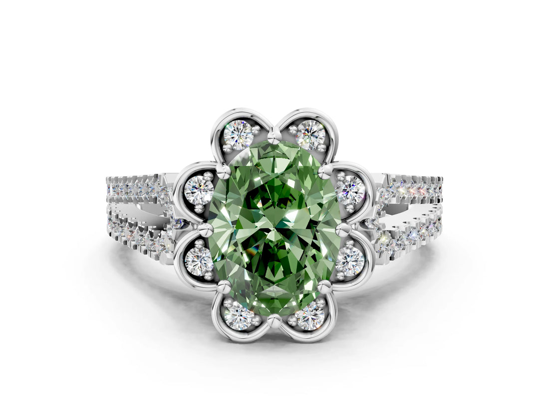 Silver Fancy Green Oval  Halo Diamond Floral Split Shank Engagement Ring 1