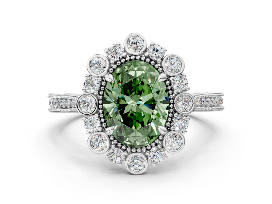 Silver Fancy Green Oval  Halo Milgrain Pave Diamond Ring with Four-Prong Setting 1