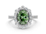 Silver Fancy Green Oval  Halo Milgrain Pave Diamond Ring with Four-Prong Setting 1