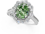 Silver Fancy Green Oval  Halo Milgrain Pave Diamond Ring with Four-Prong Setting 2