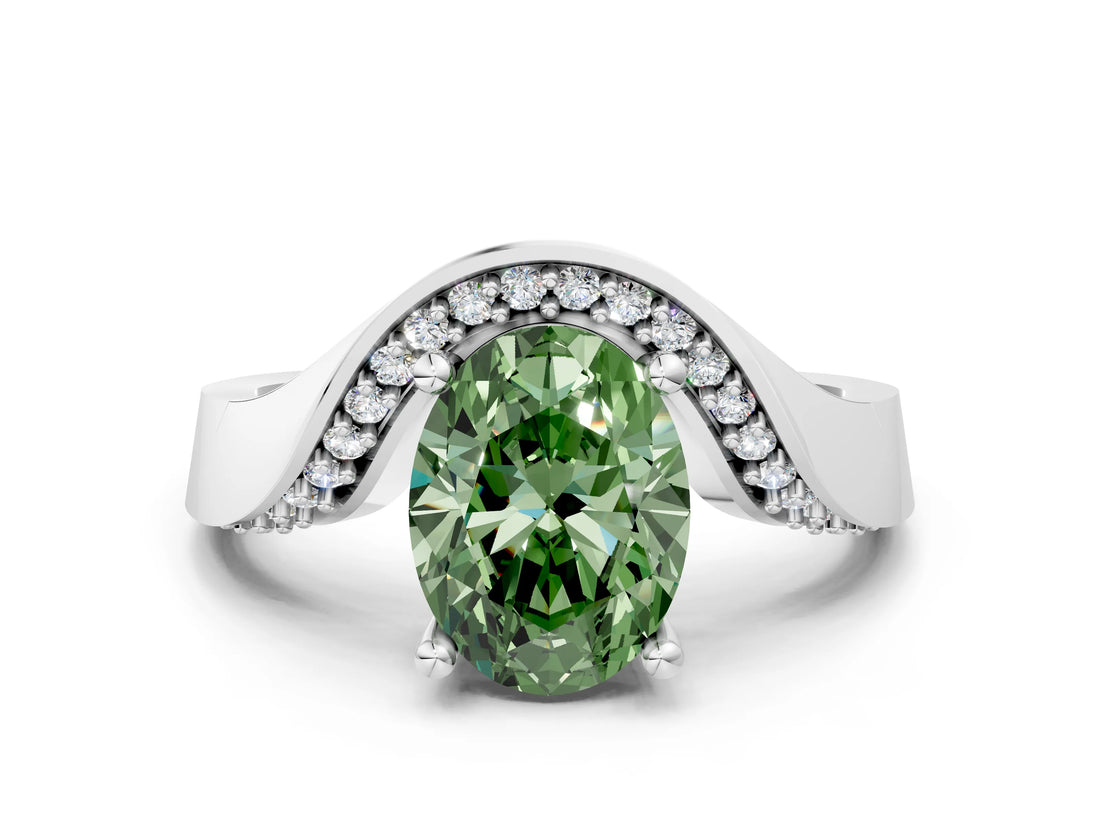 Silver Fancy Green Oval  Solitaire Diamond Engagement Ring with Pave Band and Four-Prong Setting