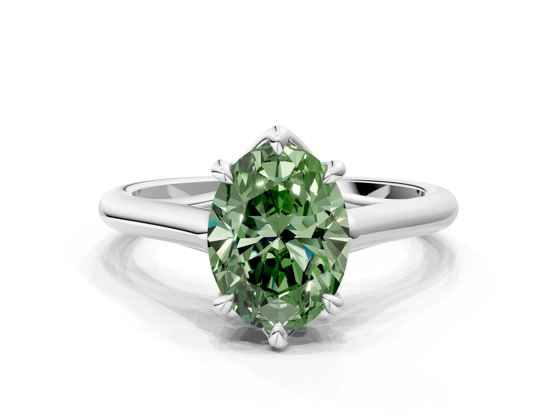 Silver Fancy Green Oval  Solitaire Engagement Ring with Six-Prong Setting and Classic Band