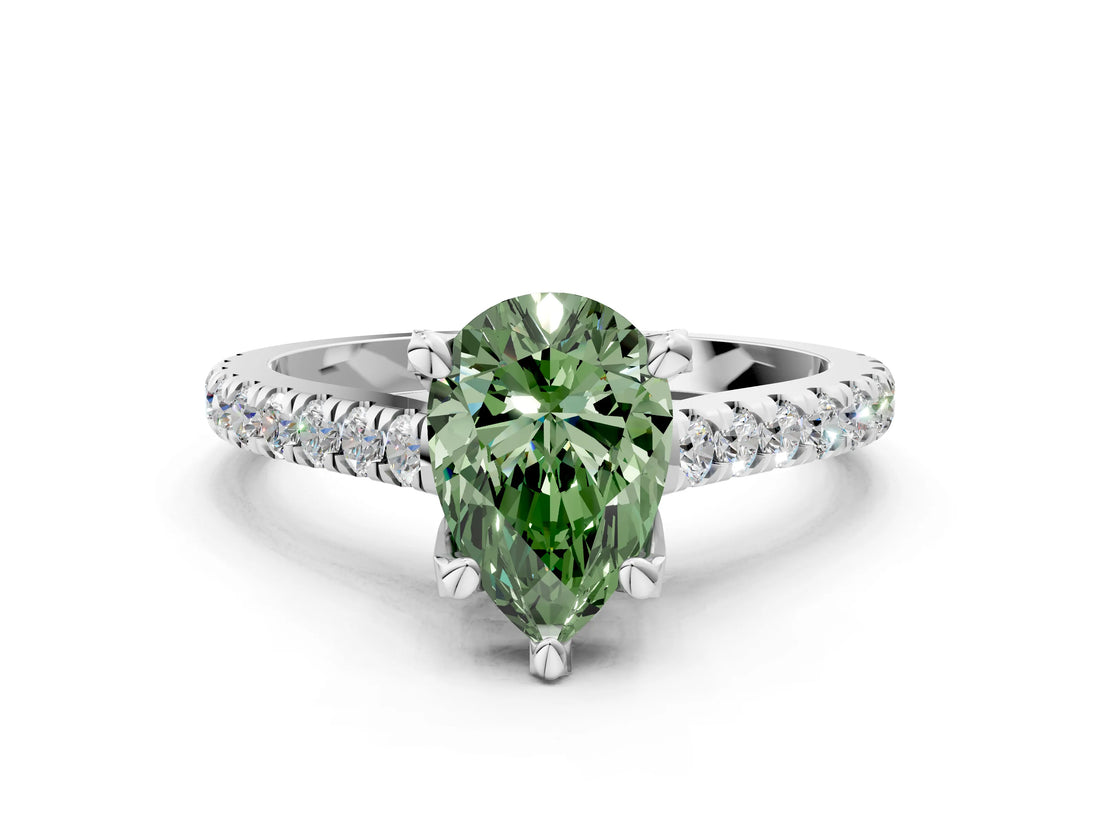Silver Fancy Green Pear  Brilliant Diamond Solitaire with Pavé Band and Four-Prong Setting