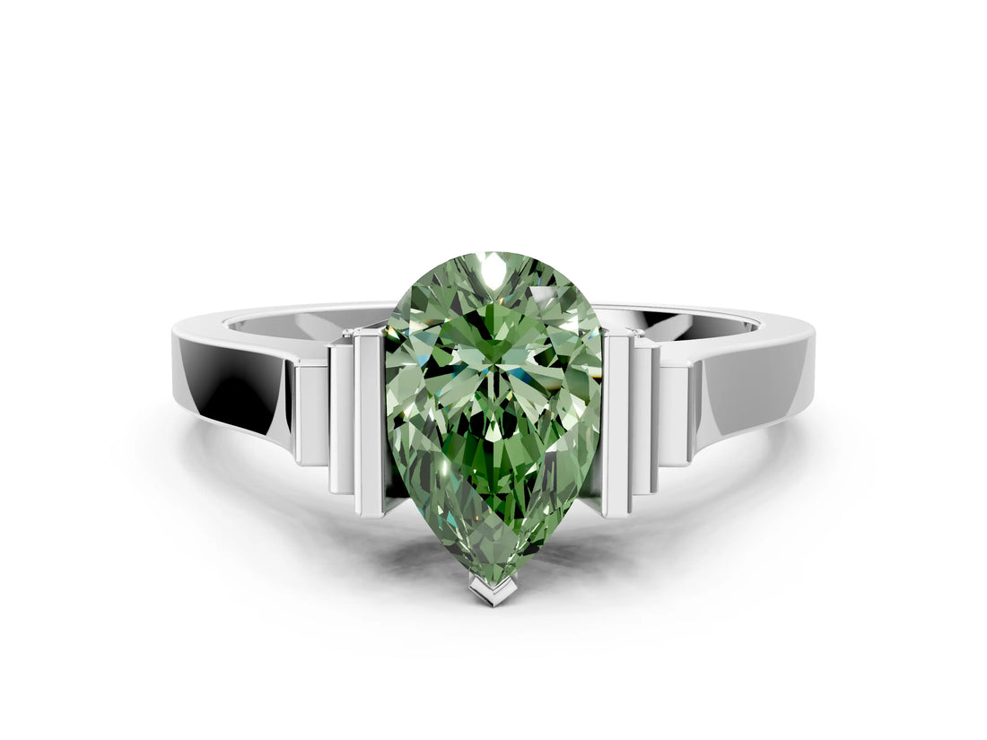 Silver Fancy Green Pear Cut Brilliant Solitaire Diamond Ring with Channel Set Band and Bar Prong Setting_6