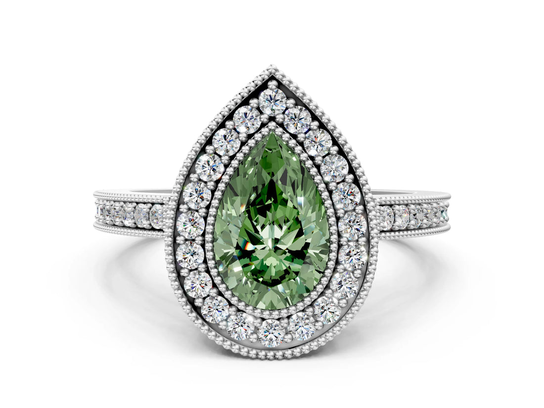 Silver Fancy Green Pear Cut-Cut Diamond Halo Engagement Ring with Pave Band and Prong Setting_6