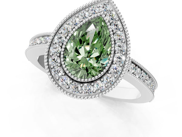 Sterling Silver Pear-Shaped Double Milgrain Halo Engagement Ring Setting for Fancy Green Center