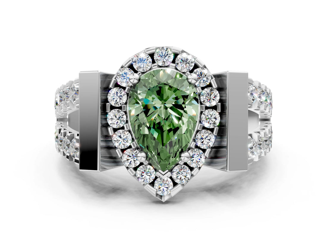 Silver Fancy Green Pear Cut Cut Halo Split Shank Prong Set Ring_6