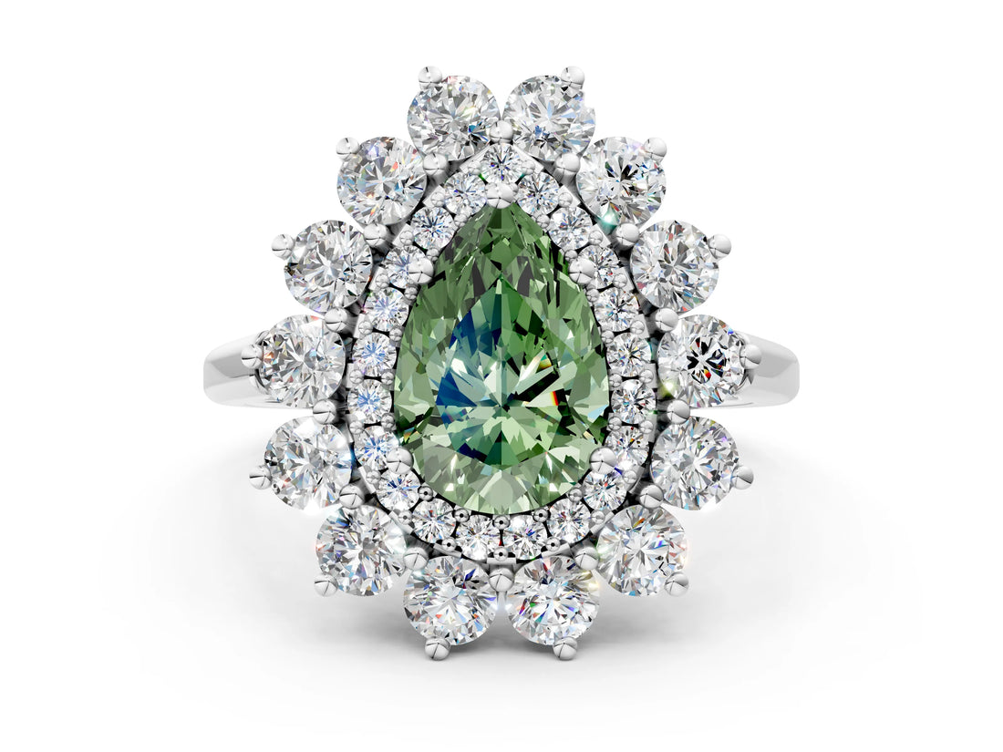 Silver Fancy Green Pear Cut Diamond Floral Double Halo Engagement Ring with Prong Setting_48