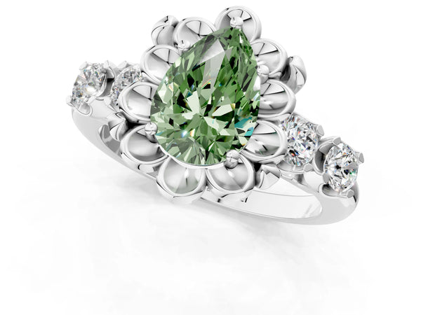 Sterling Silver Pear-Shaped Floral Engagement Ring Setting for Fancy Green Center with Side Accents
