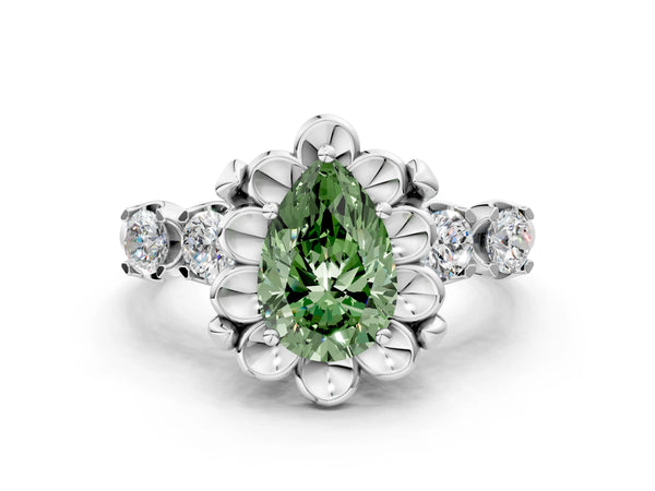 Sterling Silver Pear-Shaped Floral Engagement Ring Setting for Fancy Green Center with Side Accents