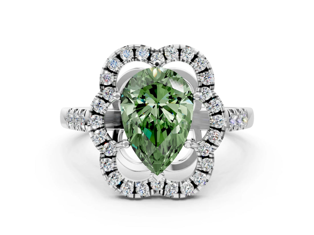 Silver Fancy Green Pear Cut Diamond Floral Halo Split Shank Prong Setting Ring_6