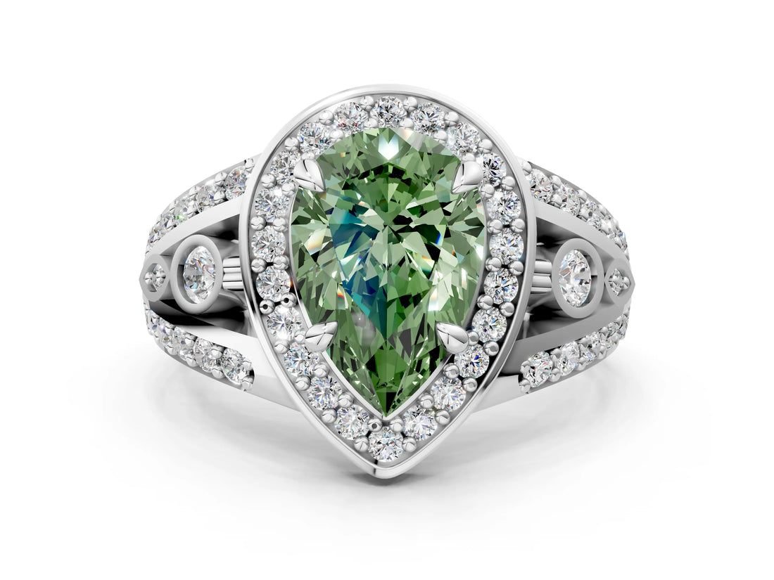 Silver Fancy Green Pear Cut Diamond Halo Ring with Split Shank and Bezel Accents and Four-Prong Setting_6