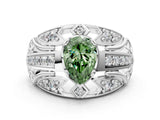 Silver Fancy Green Pear Cut Diamond Pave Art Deco Split Shank Ring with Four-Prong Setting_6