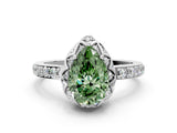 Silver Fancy Green Pear Cut Diamond Scalloped Halo Engagement Ring with Round Shared Prong Band