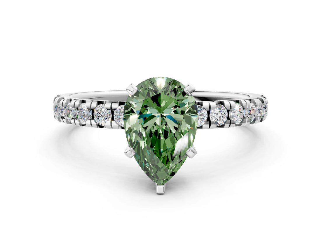 Silver Fancy Green Pear Cut Diamond Solitaire Pavé Engagement Ring with Round Band and Prong Setting_2