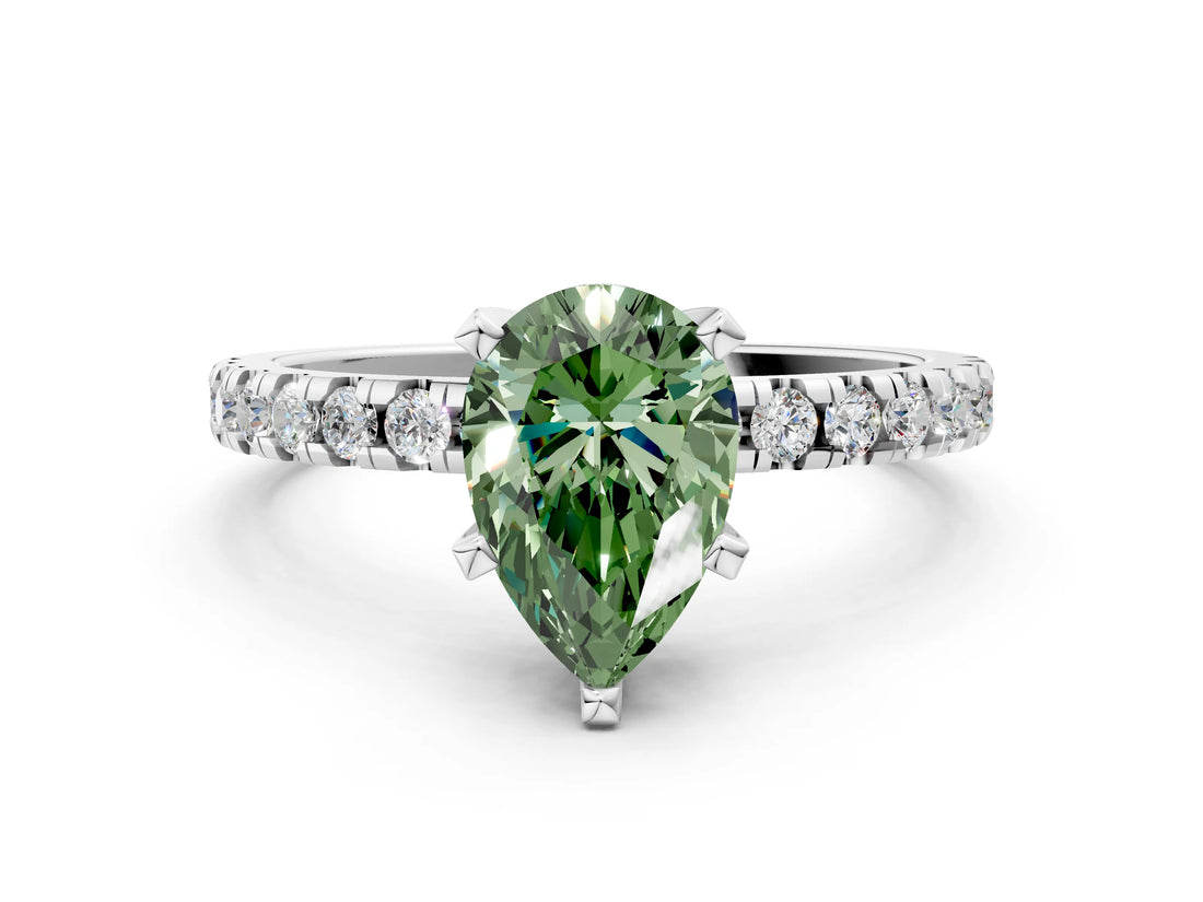 Silver Fancy Green Pear Cut Diamond Solitaire Ring with Round  Pavé Band and Four-Prong Setting_24