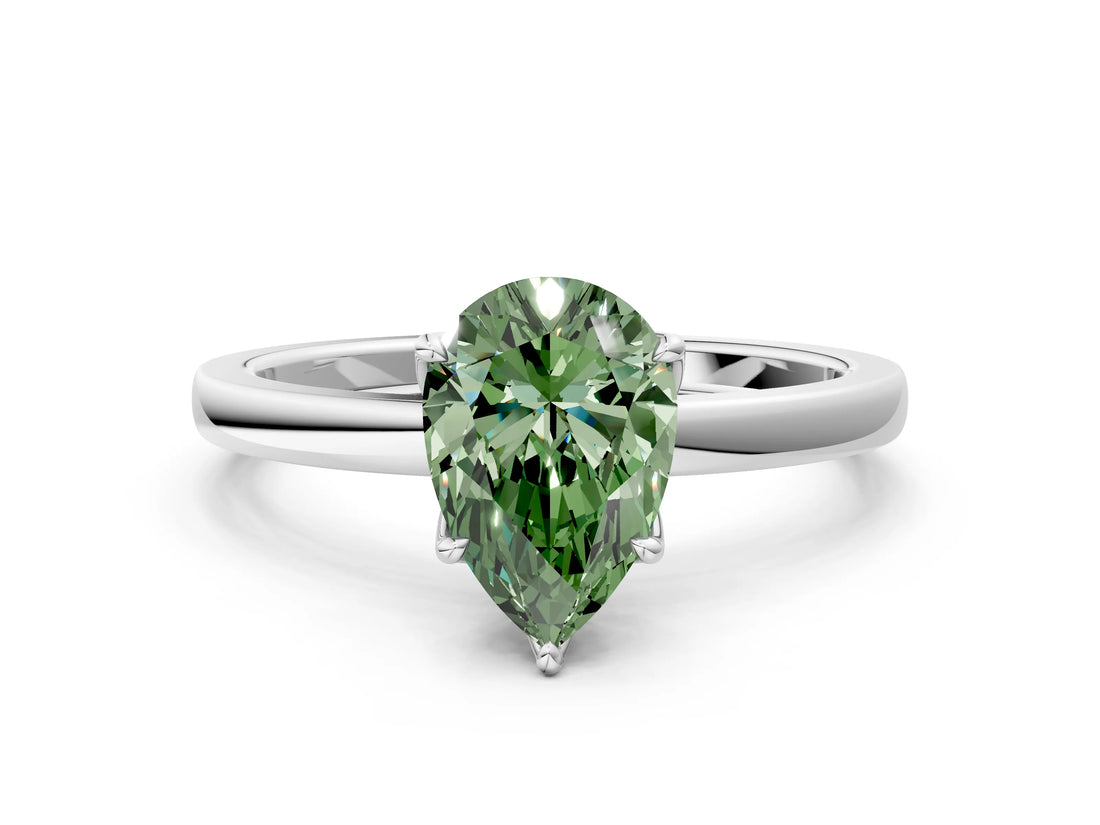 Silver Fancy Green Pear Cut Diamond Solitaire Ring with Thin Band and Prong Setting
