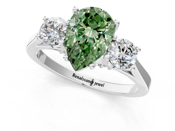 Silver Fancy Green Pear Cut Diamond Three-Stone Engagement Ring with Prong Setting and Pavé Band