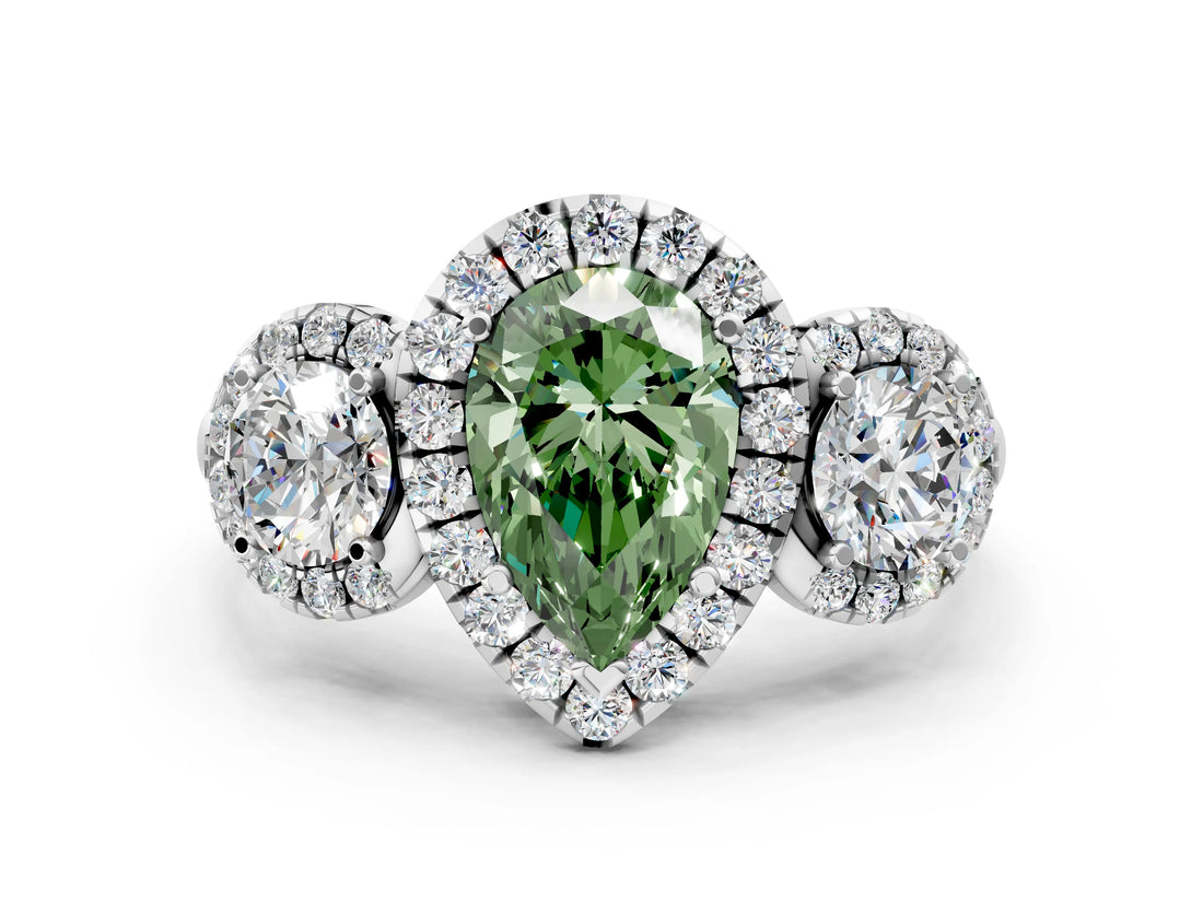 Silver Fancy Green Pear Cut Diamond Three-Stone Halo Ring with Prong Setting and Pavé Accents_6