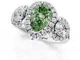 Silver Fancy Green Pear Cut Diamond Three-Stone Halo Ring with Prong Setting and Pavé Accents_7