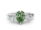 Silver Fancy Green Pear Cut Diamond Three-Stone Ring with Prong Setting and Pavé Band_6