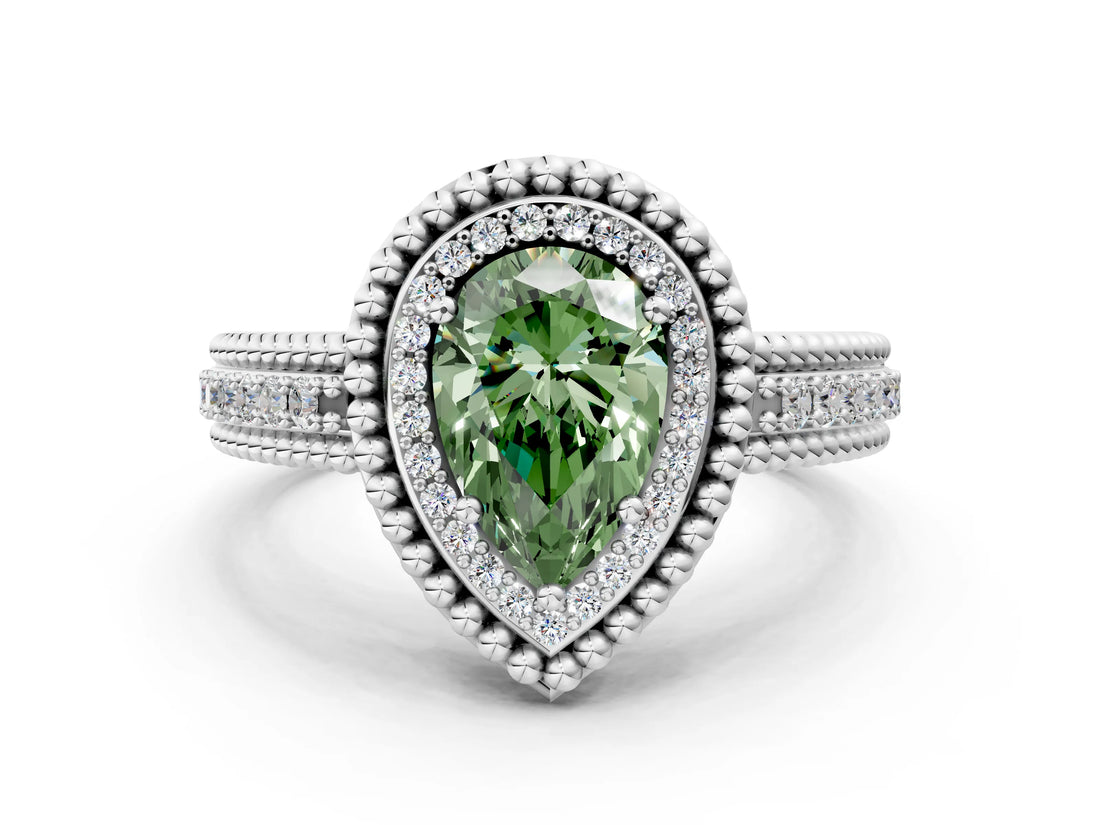 Silver Fancy Green Pear Cut Halo Diamond Ring with Beaded Split Shank and Four-Prong Setting_6