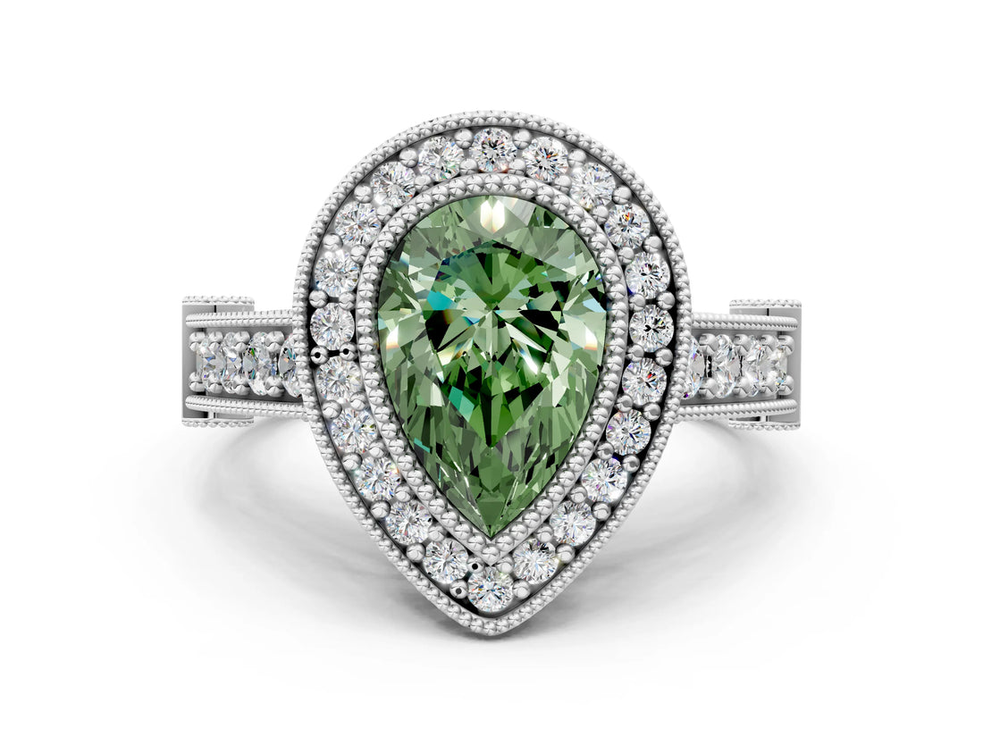 Silver Fancy Green Pear Cut Halo Diamond Split Shank Pave Ring_6