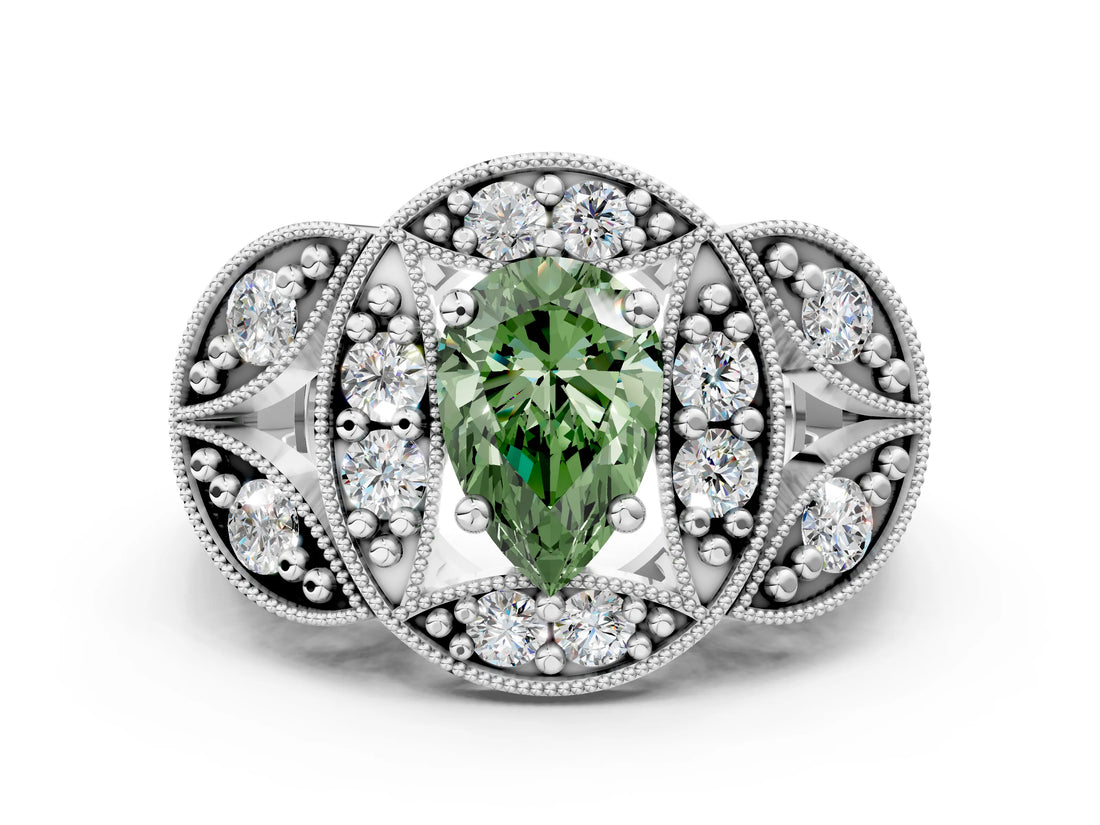 Silver Fancy Green Pear Cut Halo Milgrain Diamond Engagement Ring with Leaf Band and Four-Prong Setting_12