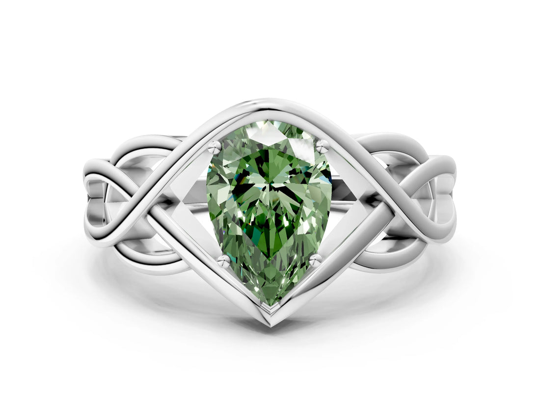 Silver Fancy Green Pear Cut Solitaire Intertwined Band Prong Setting Ring_6