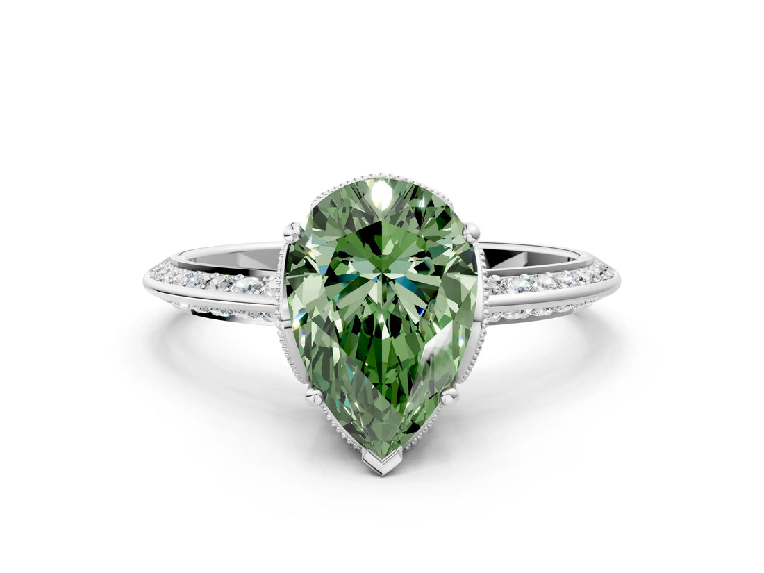 Silver Fancy Green Pear Cut Solitaire Split Shank Pave Diamond Engagement Ring with Four-Prong Setting_6