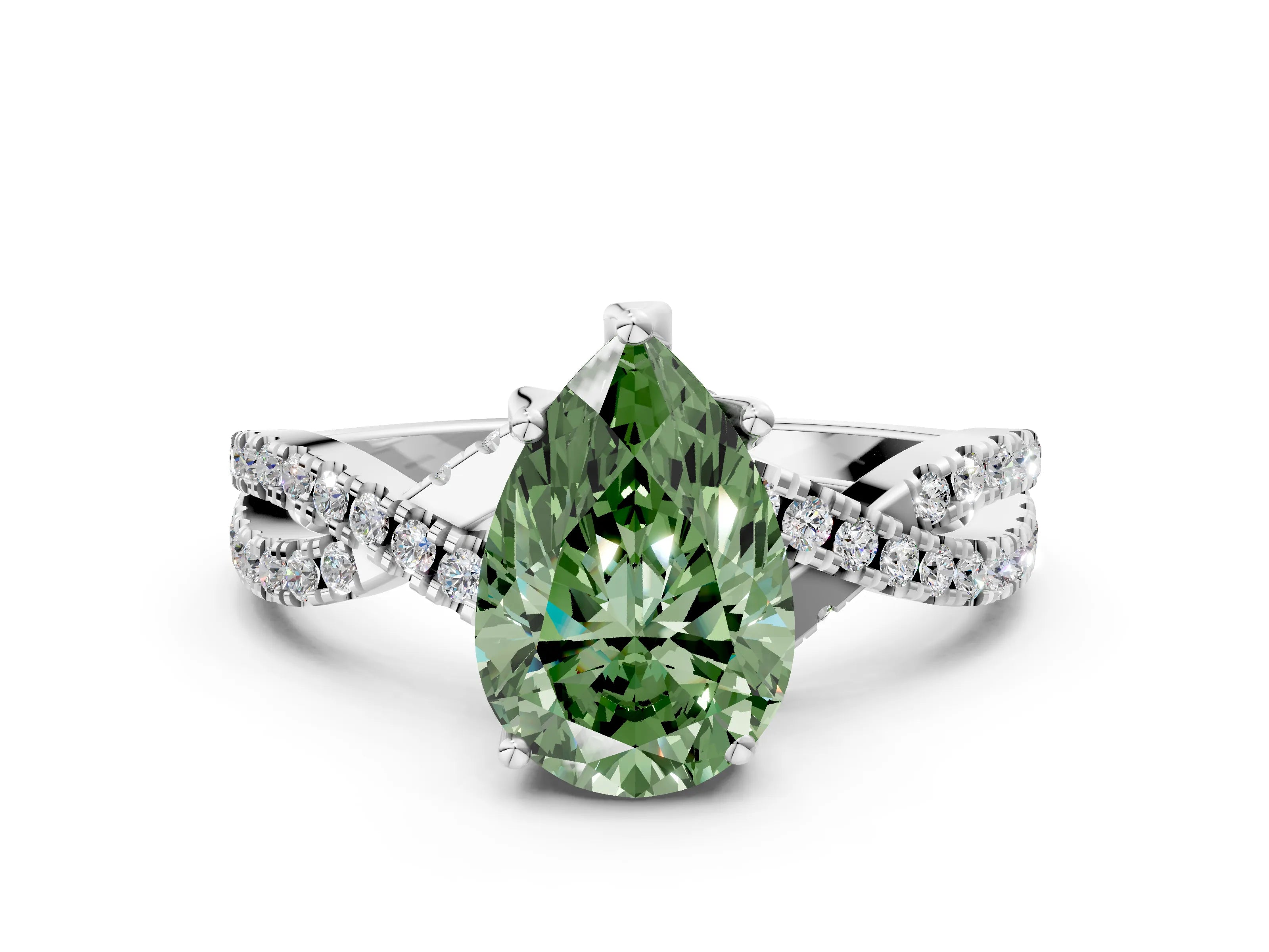 Silver Fancy Green Pear Cut Solitaire Twist Pave Diamond Engagement Ring with Prong Setting_66