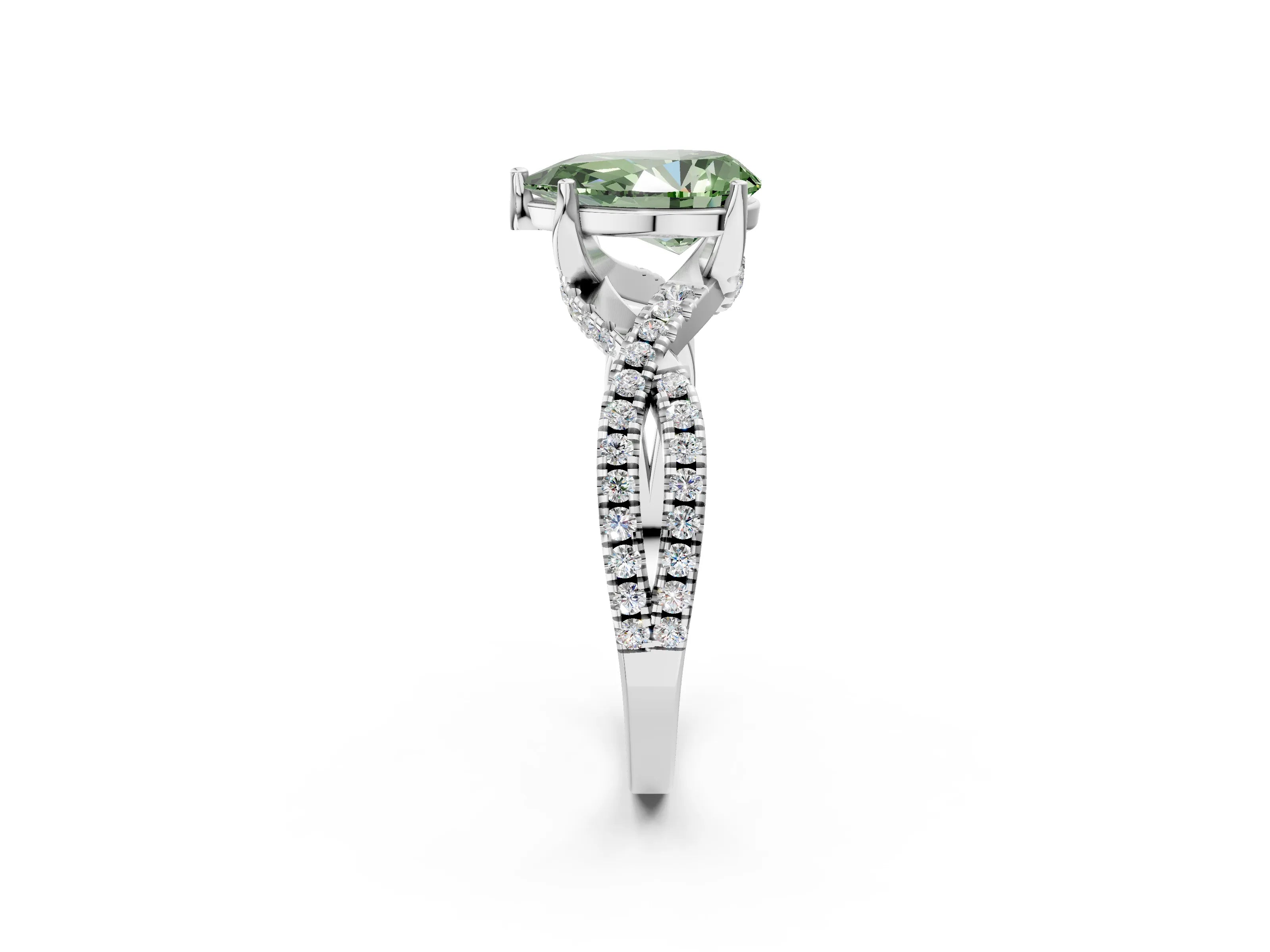 Silver Fancy Green Pear Cut Solitaire Twist Pave Diamond Engagement Ring with Prong Setting_68