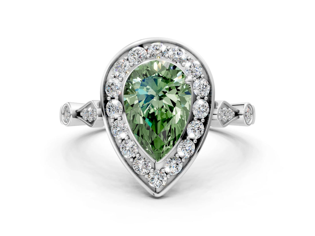 Silver Fancy Green Pear  Halo Diamond Engagement Ring with Twisted Band and Four-Prong Setting