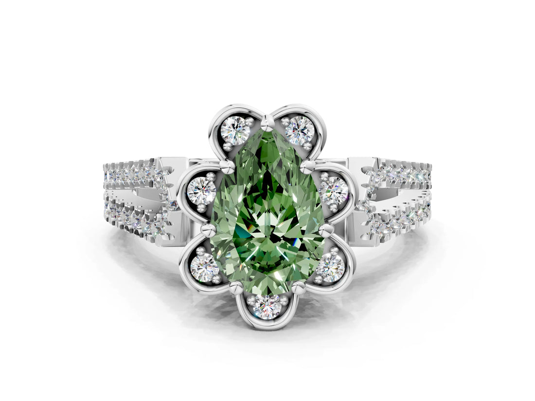 Silver Fancy Green Pear  Halo Diamond Floral Split Shank Engagement Ring