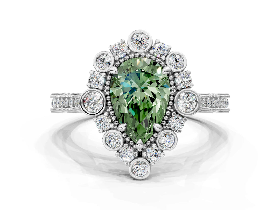 Silver Fancy Green Pear  Halo Milgrain Pave Diamond Ring with Four-Prong Setting
