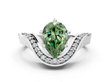 Silver Fancy Green Pear  Solitaire Diamond Engagement Ring with Pave Band and Four-Prong Setting 1
