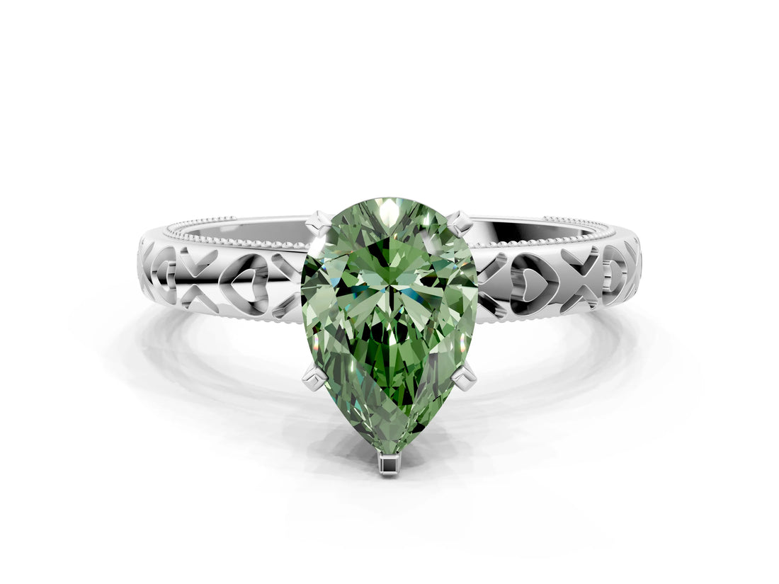 Silver Fancy Green Pear  Solitaire Diamond Engagement Ring with XO Engraved Band and Four-Prong Setting 1