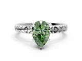 Silver Fancy Green Pear  Solitaire Diamond Engagement Ring with XO Engraved Band and Four-Prong Setting 1
