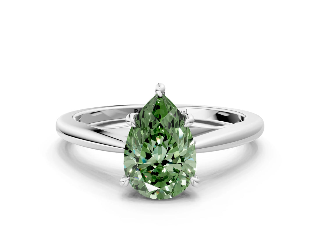 Silver Fancy Green Pear  Solitaire Engagement Ring with Four-Prong Setting and Classic Band