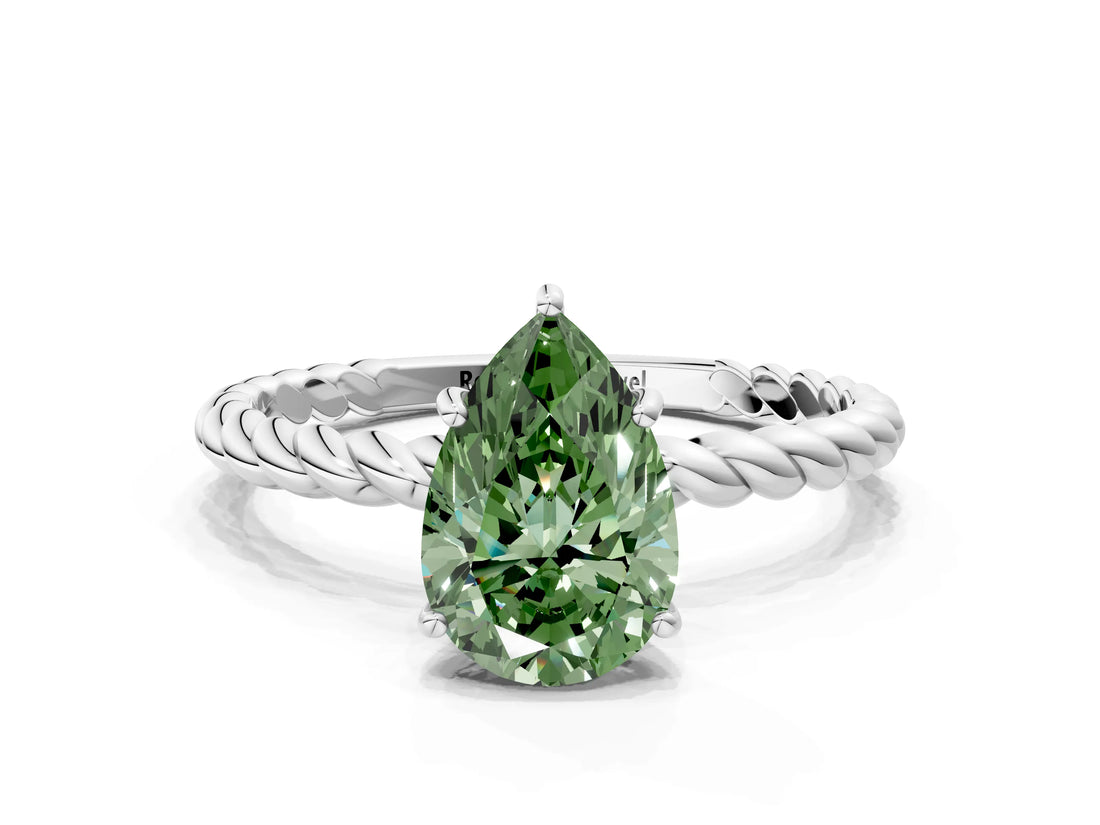 Silver Fancy Green Pear  Solitaire Twist Band Ring with Four-Prong Setting