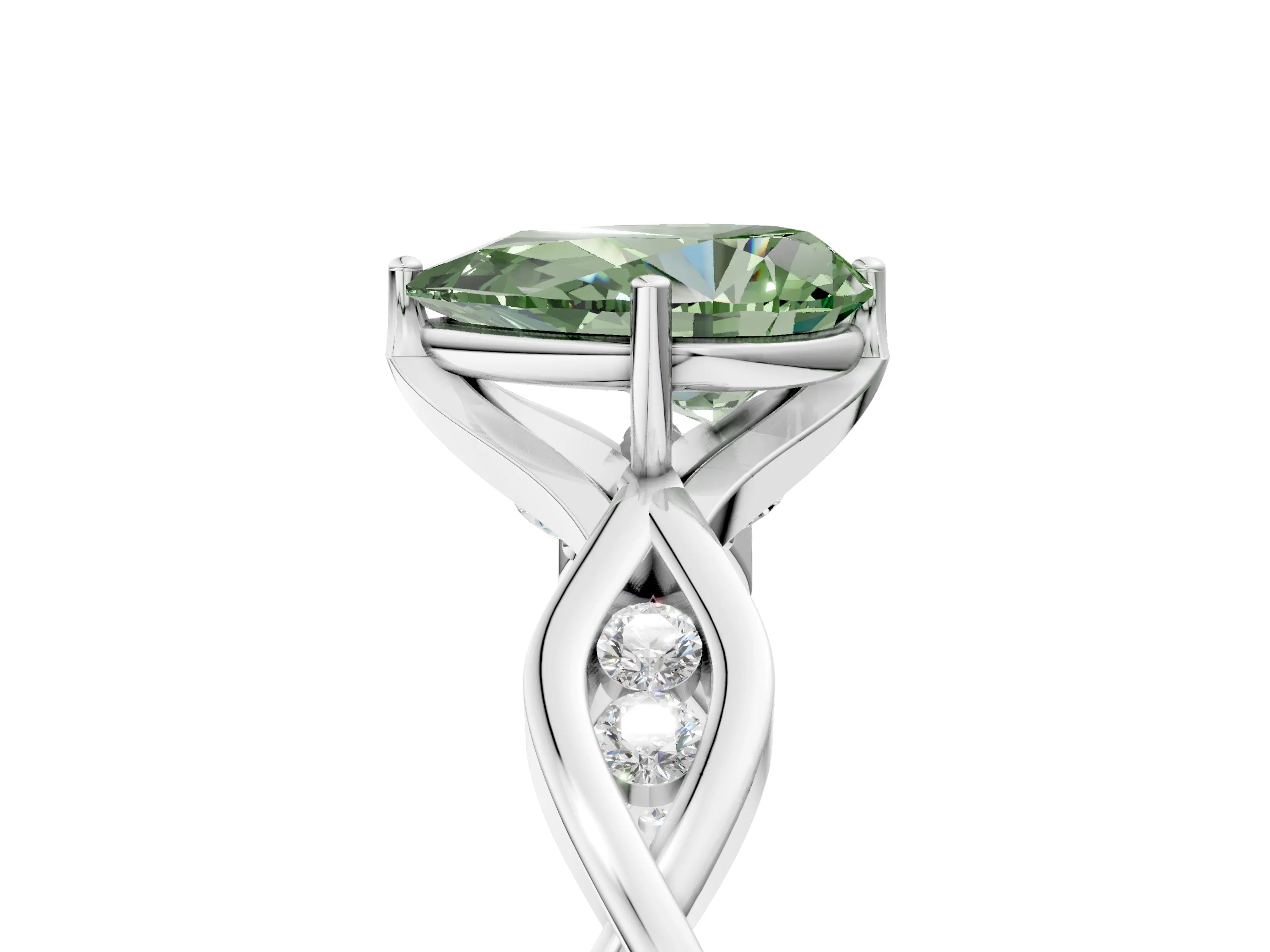 Silver Fancy Green Pear  Solitaire Twist Band with Leaf Prong Setting