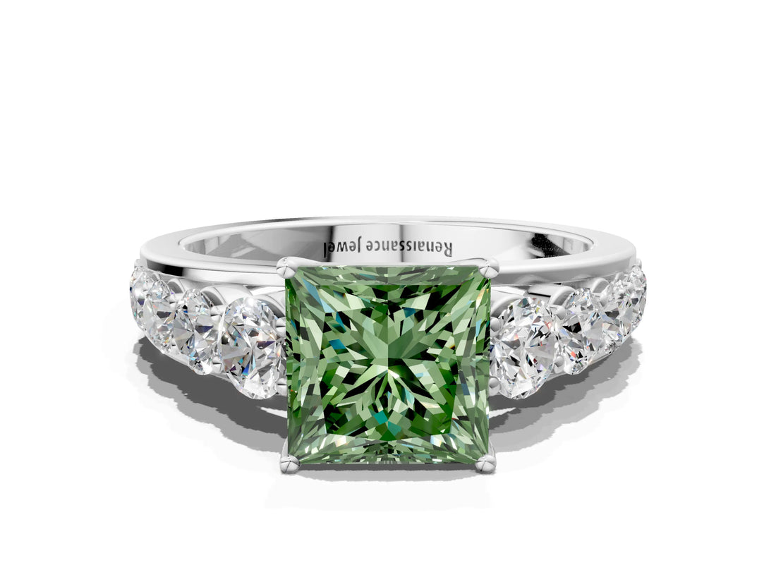 Silver Fancy Green Princess Cut Brilliant Diamond Pavé Band with Six-Prong Setting_30