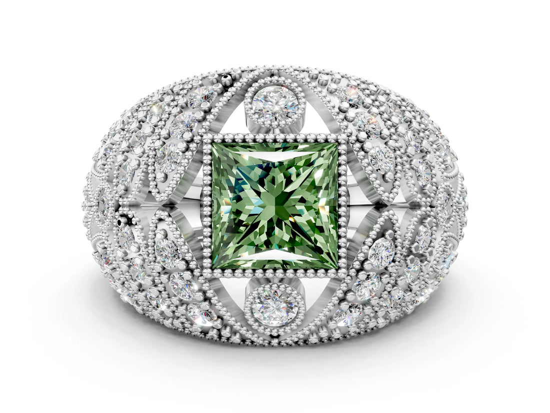 Silver Fancy Green Princess Cut Brilliant Halo Pave Diamond Milgrain Ring_6