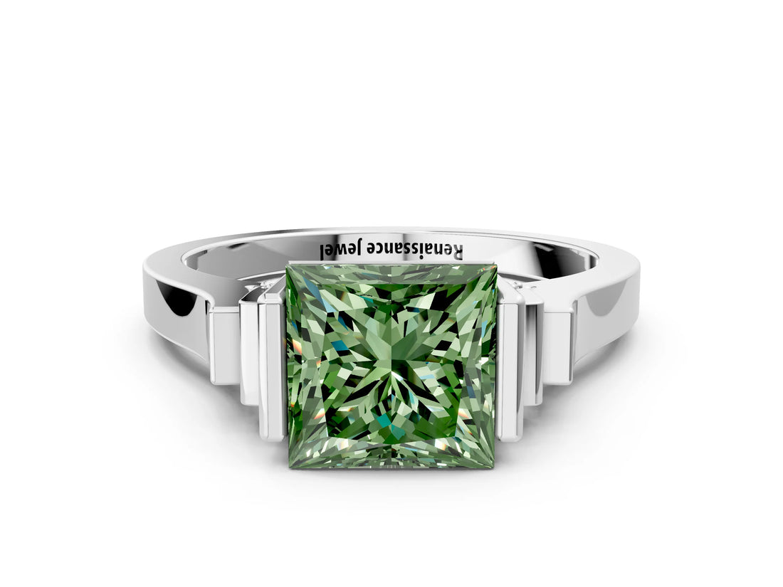 Silver Fancy Green Princess Cut Brilliant Solitaire Diamond Ring with Channel Set Band and Bar Prong Setting_6