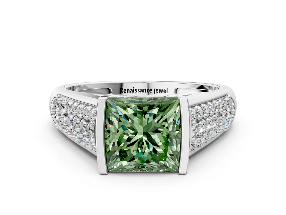 Silver Fancy Green Princess Cut Cut Diamond Channel Set Pave Band with Tension Prong Setting_6