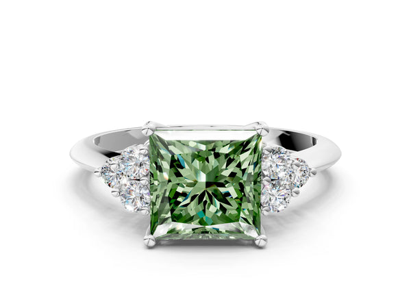 Sterling Silver Princess Cut Cluster Accent Engagement Ring Setting for Fancy Green Center