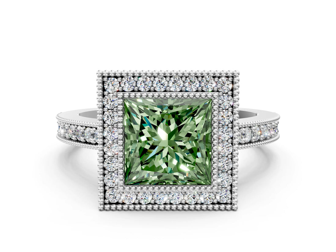 Silver Fancy Green Princess Cut-Cut Diamond Halo Engagement Ring with Pave Band and Prong Setting_12