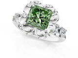 Silver Fancy Green Princess  Cut Diamond Floral Halo Engagement Ring with Shared Prong Setting 3