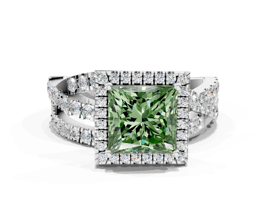 Silver Fancy Green Princess Cut Diamond Halo Ring with Round Split Shank and Prong Setting